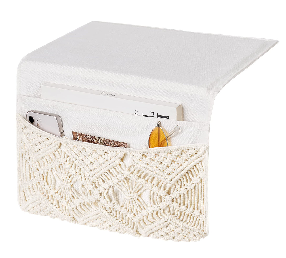 Mkono Macrame Bedside Caddy, Boho Bed Storage Organizer, 4 Pockets Ivory
