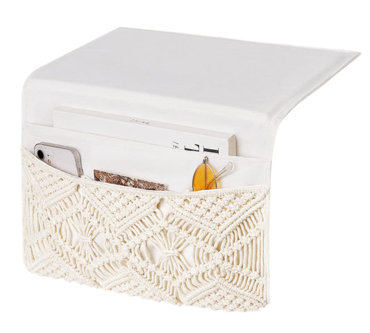 Mkono Macrame Bedside Caddy, Boho Bed Storage Organizer, 4 Pockets Ivory