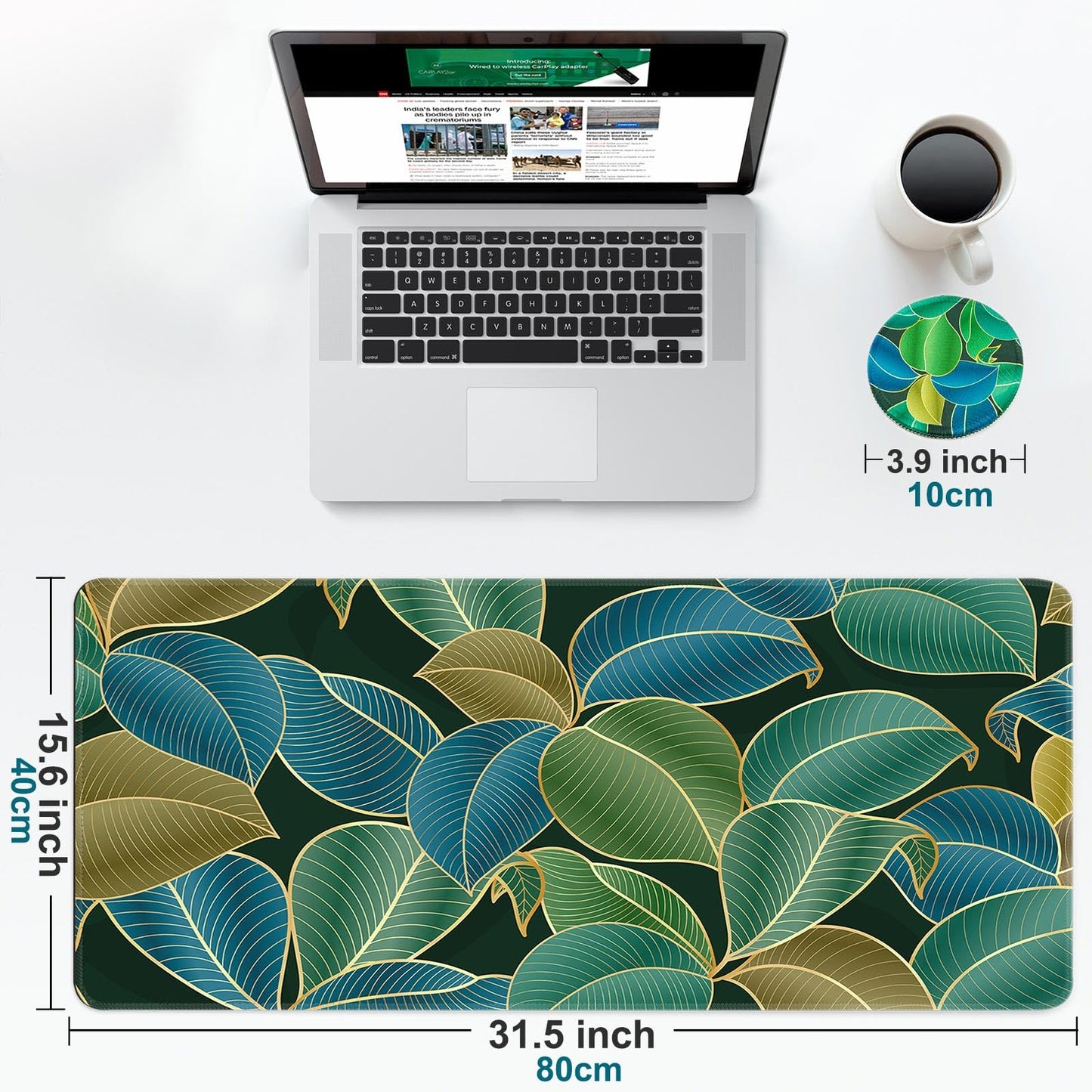 Large Gaming Mouse Pad with Coaster,Desk Matt for Desktop,Desk Mat-Leaves
