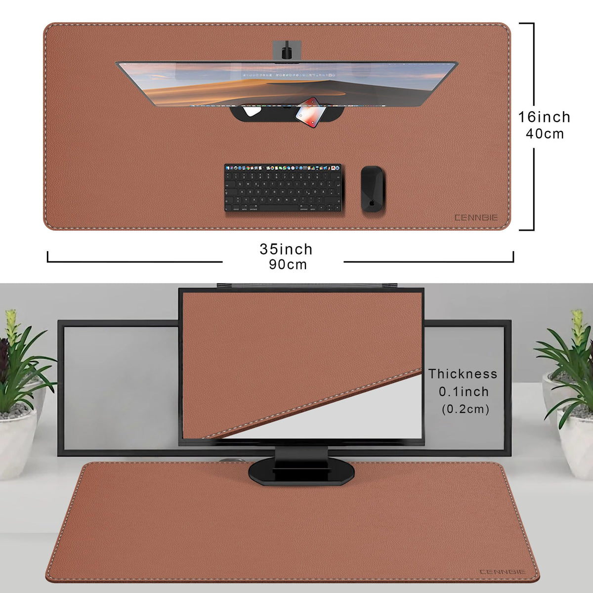 CENNBIE 35.5" x 16" Leather Desk Mat, Computer Mouse Pad for Office(Brown)