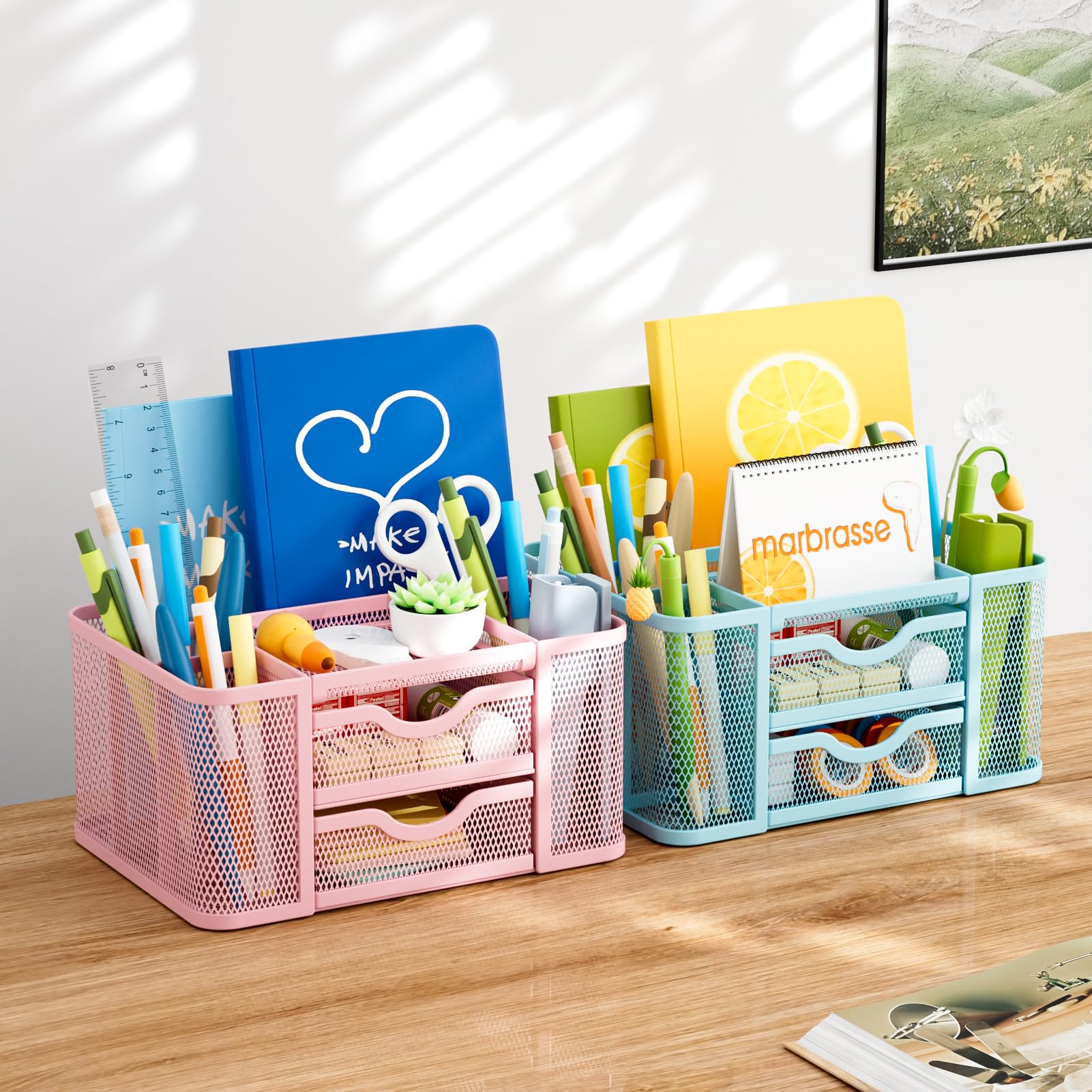 Marbrasse Mesh Desk Organizer, Pen Organizer with 2 Drawer, Multi-Functional Pencil Holder, Desk