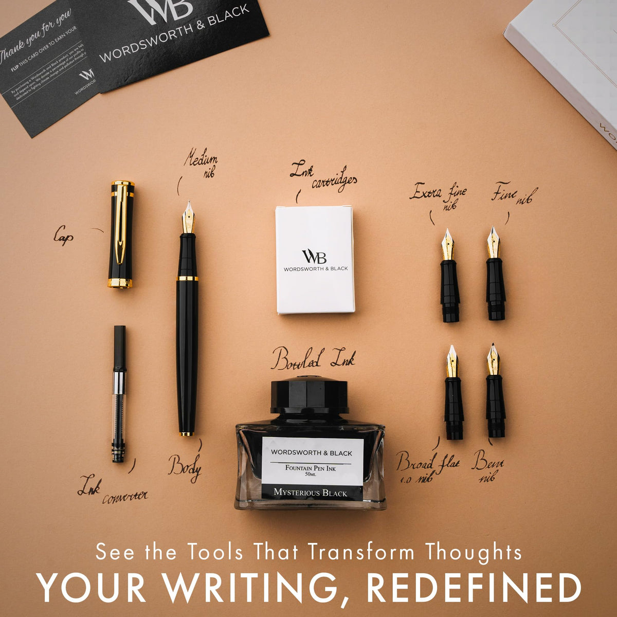 Wordsworth & Black Luxury Fountain Pen Set for Writing, 6 Nibs, Black Gold