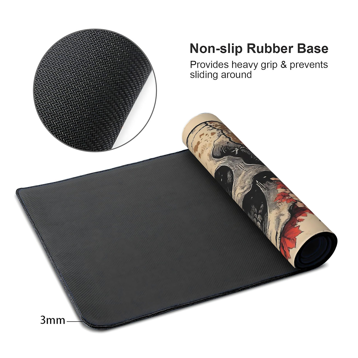 Aesthetic Skull Gaming Mouse Pad, Beige Red Japanese Desk Mat with Anti-Slip Base & Stitched Edges