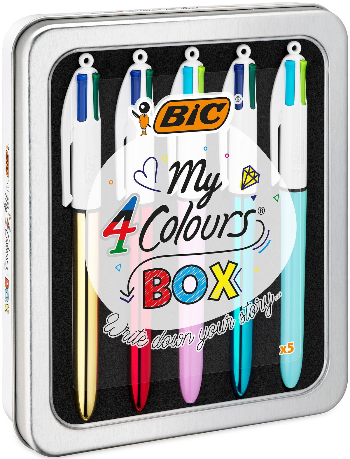 Bic 4 Colours Pens In A Special Metal Tin of 5 Pens, Includes mix of Shine and Bright Barrel