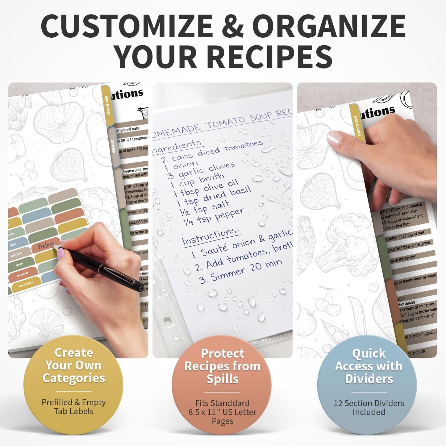 CraftSaints Recipe Binder 8.5x11, 3 Ring DIY Cookbook Kit 12 Dividers & 25 Plastic Sleeves & 25