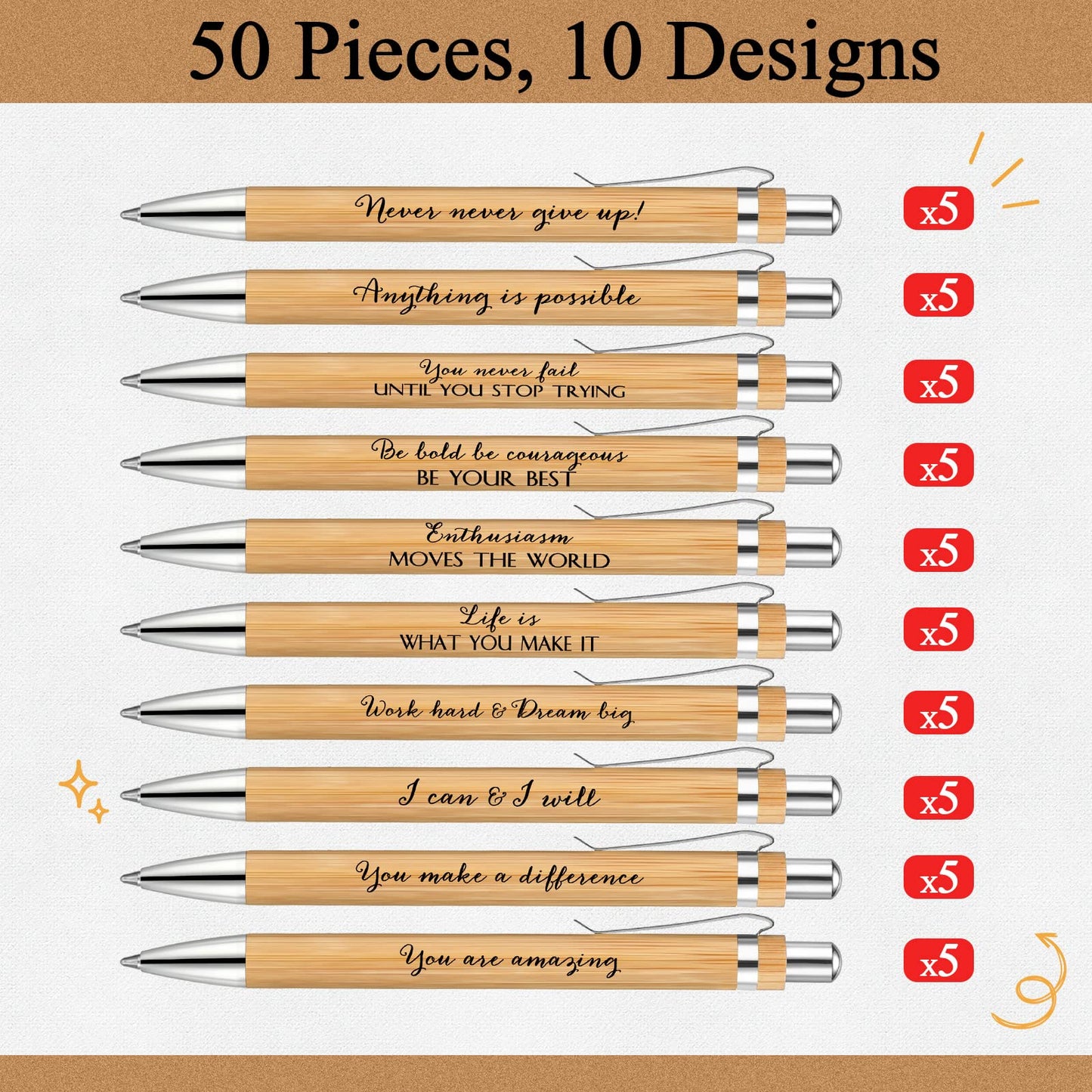 Fulmoon 200 Pcs Employee Appreciation Bamboo Pens with Inspirational Quotes