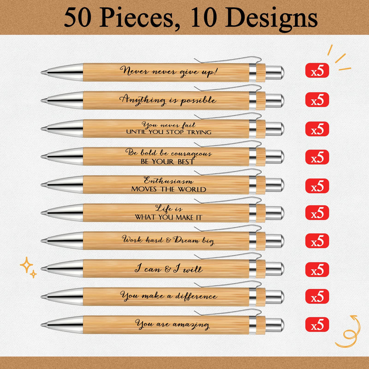 Fulmoon 200 Pcs Employee Appreciation Bamboo Pens with Inspirational Quotes