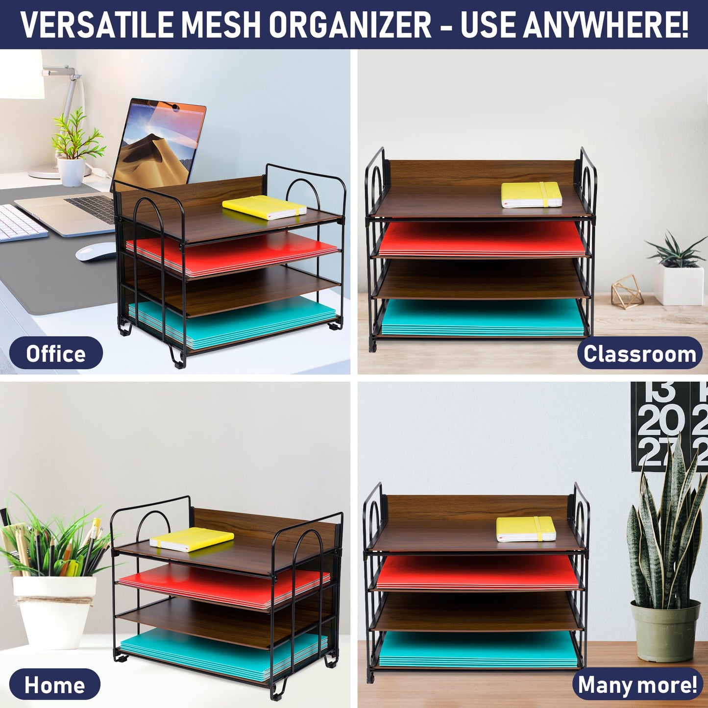 4-Tier Office Organizer, Desk File Organizer with Wood Patterned Shelves, Office Supplies Desktop