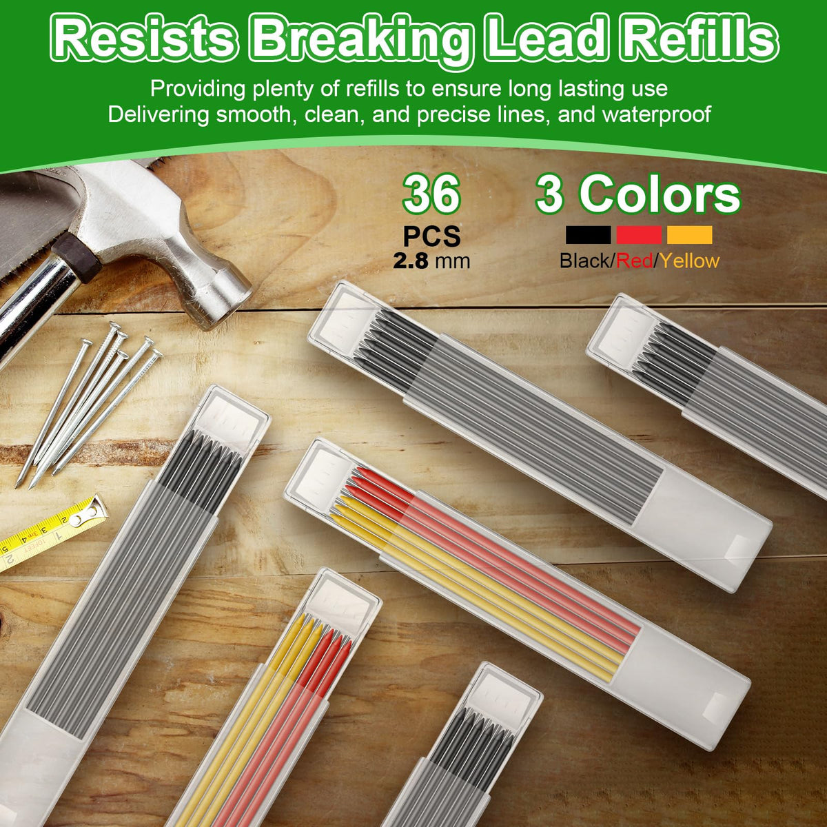 Hiboom 4 Pack Carpenter Pencil with 36 Refills Built In Sharpener (Green)