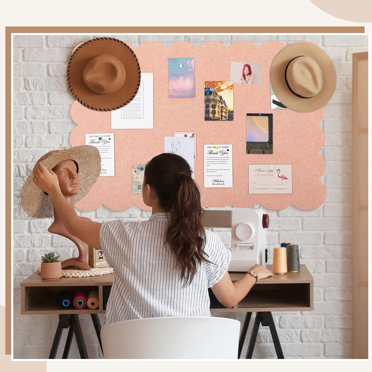 Mooliwe Scalloped Felt Bulletin Cork Board Foldable Light Pink 36 * 24 Inch