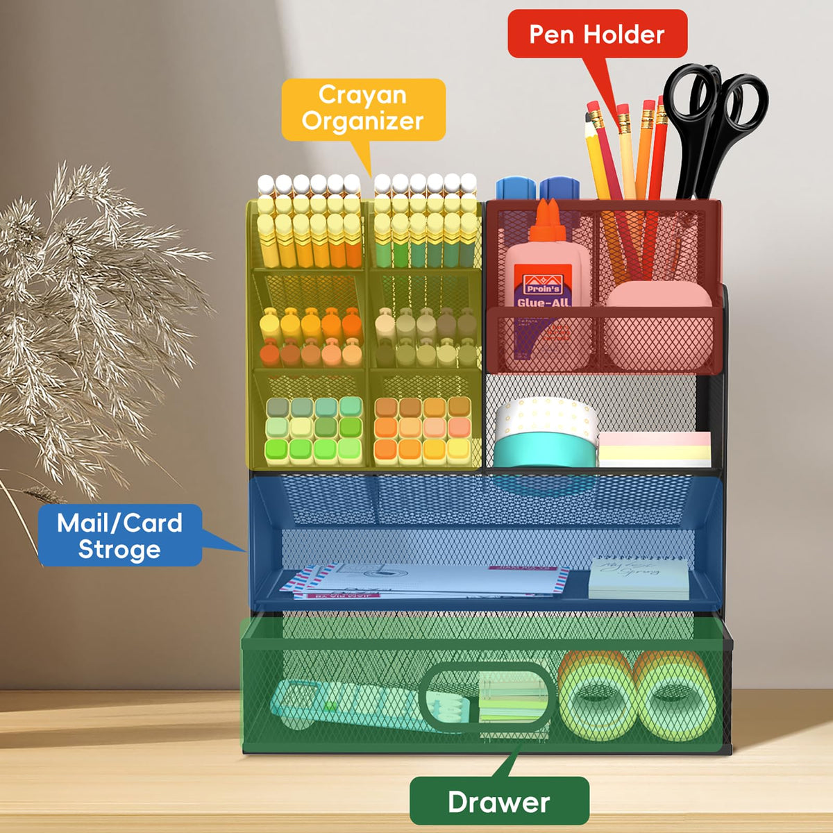 ReePlan Mesh Pen Organizer for Desk, 13 Compartments with Drawer, Black