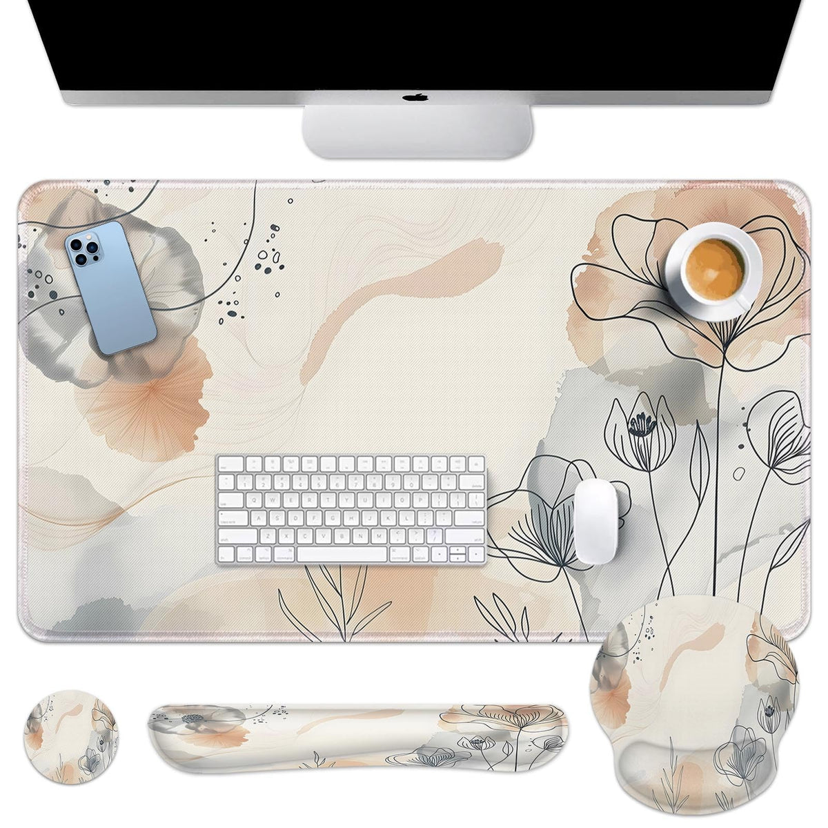 Arttown Keyboard Mouse Pad Set, 4 in 1 Desk Mat Set Botanical Watercolor