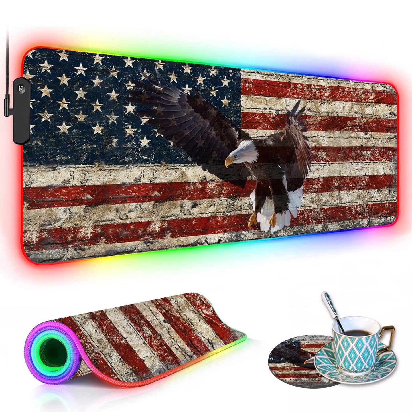 RGB Gaming Mouse Pad with Coffee Coaster, XXL Large Glowing LED Mousepad, Anti-Slip Rubber Base
