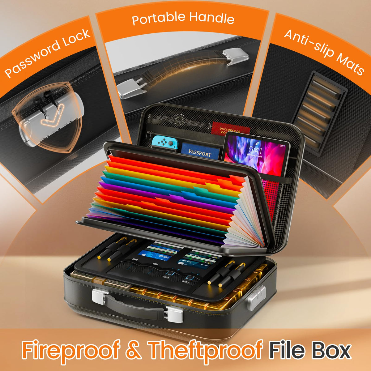 Fireproof Document Box with Lock, 5200°F Fireproof Water Resistant Hard Case File Organizer Safe