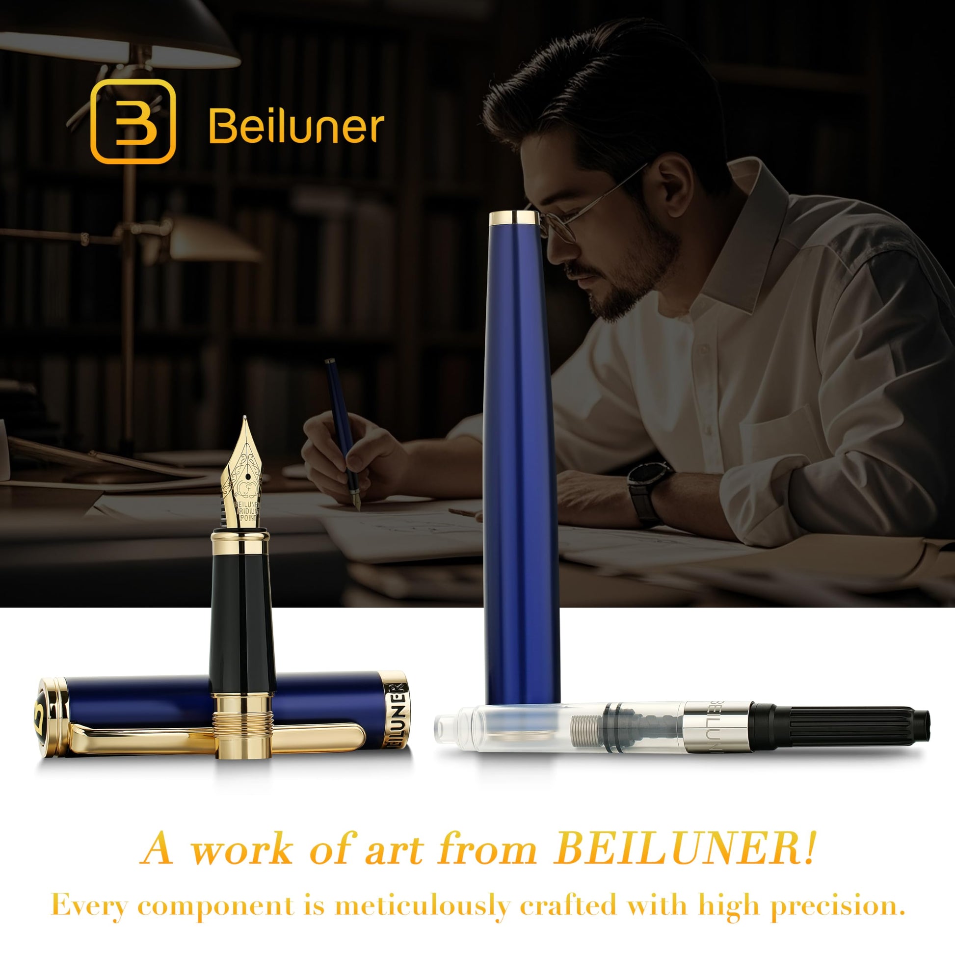 BEILUNER Blue Fountain Pen,Stunning Luxury Pens with 24K Gold Finish, Gorgeous 24K Gilded