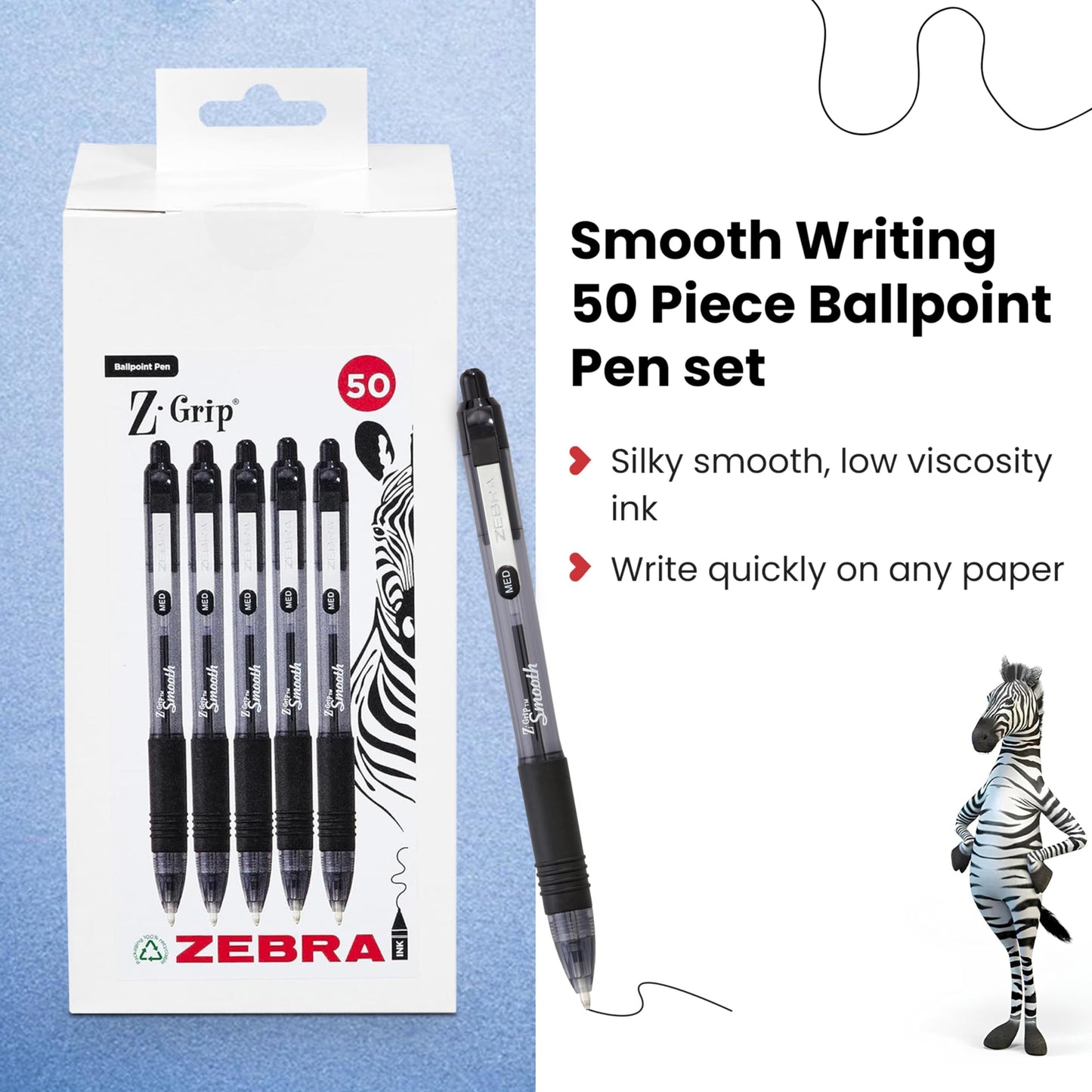 Zebra Z Grip Smooth Black Retractable Ballpoint pens with Easy Glide Ink, Comfortable Grip with