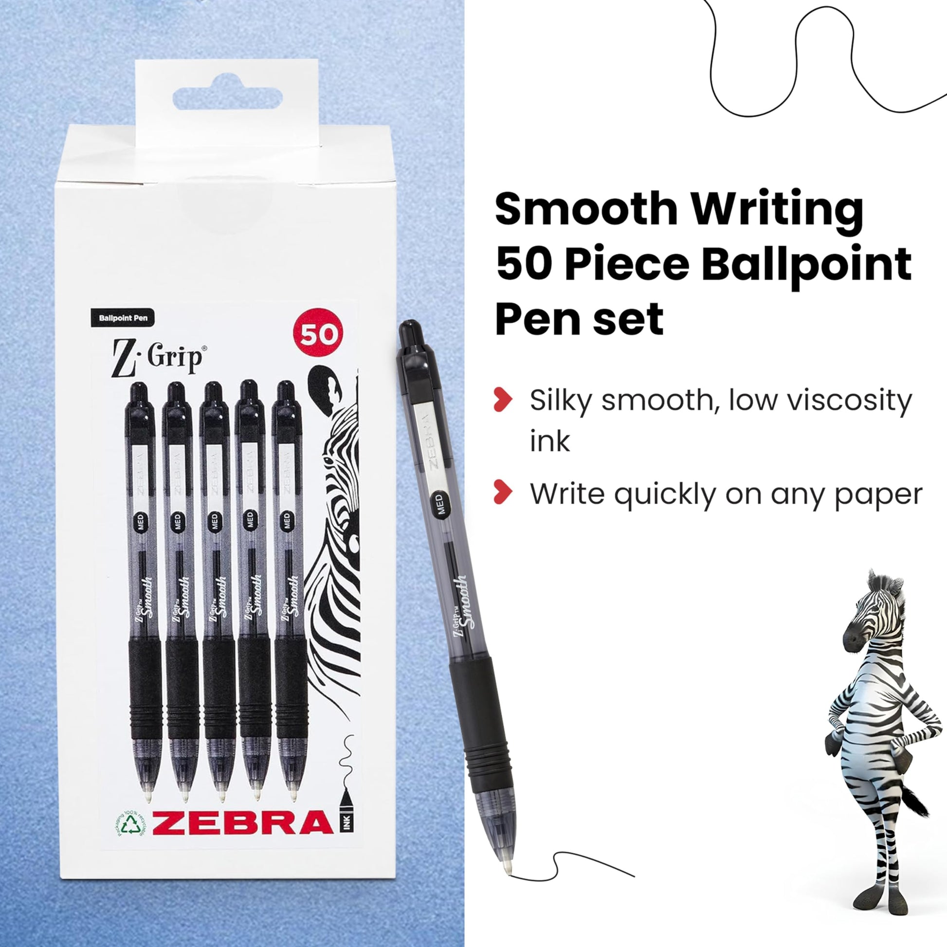 Zebra Z Grip Smooth Black Retractable Ballpoint pens with Easy Glide Ink, Comfortable Grip with
