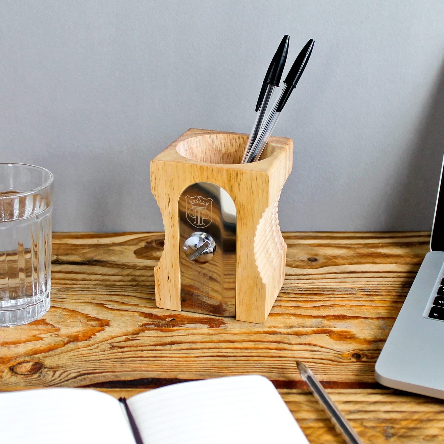 Suck UK Pen Holder - Wooden Pencil Sharpener - Stationary Organiser - Desk Tidy - Quirky Office