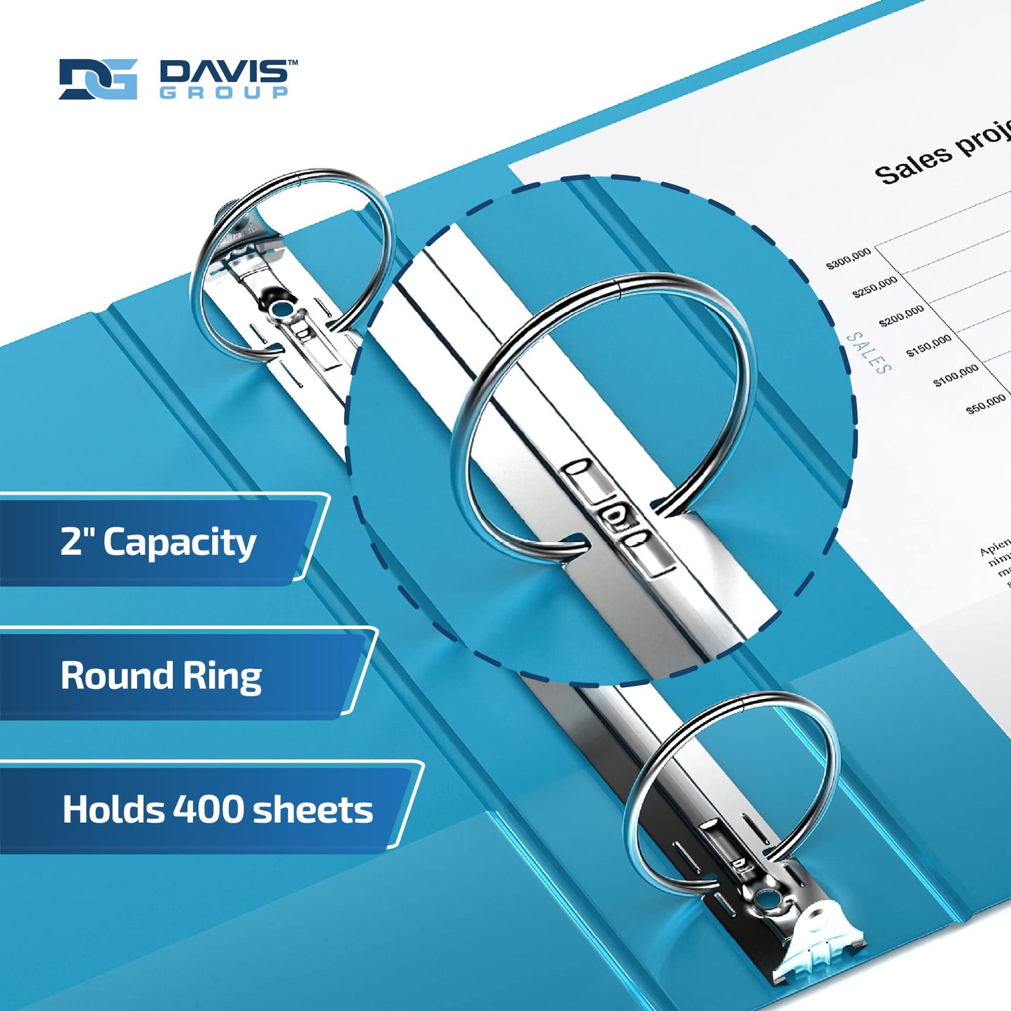 Premium Economy 3-Ring Binder, Spine Label, 2" Round Rings, Turquoise, 6 Pk