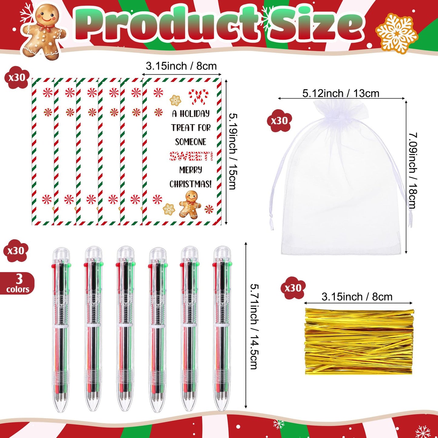 Marspark 30 Set Christmas Candy Cane Gifts Bulk Ballpoint Pens and Cards