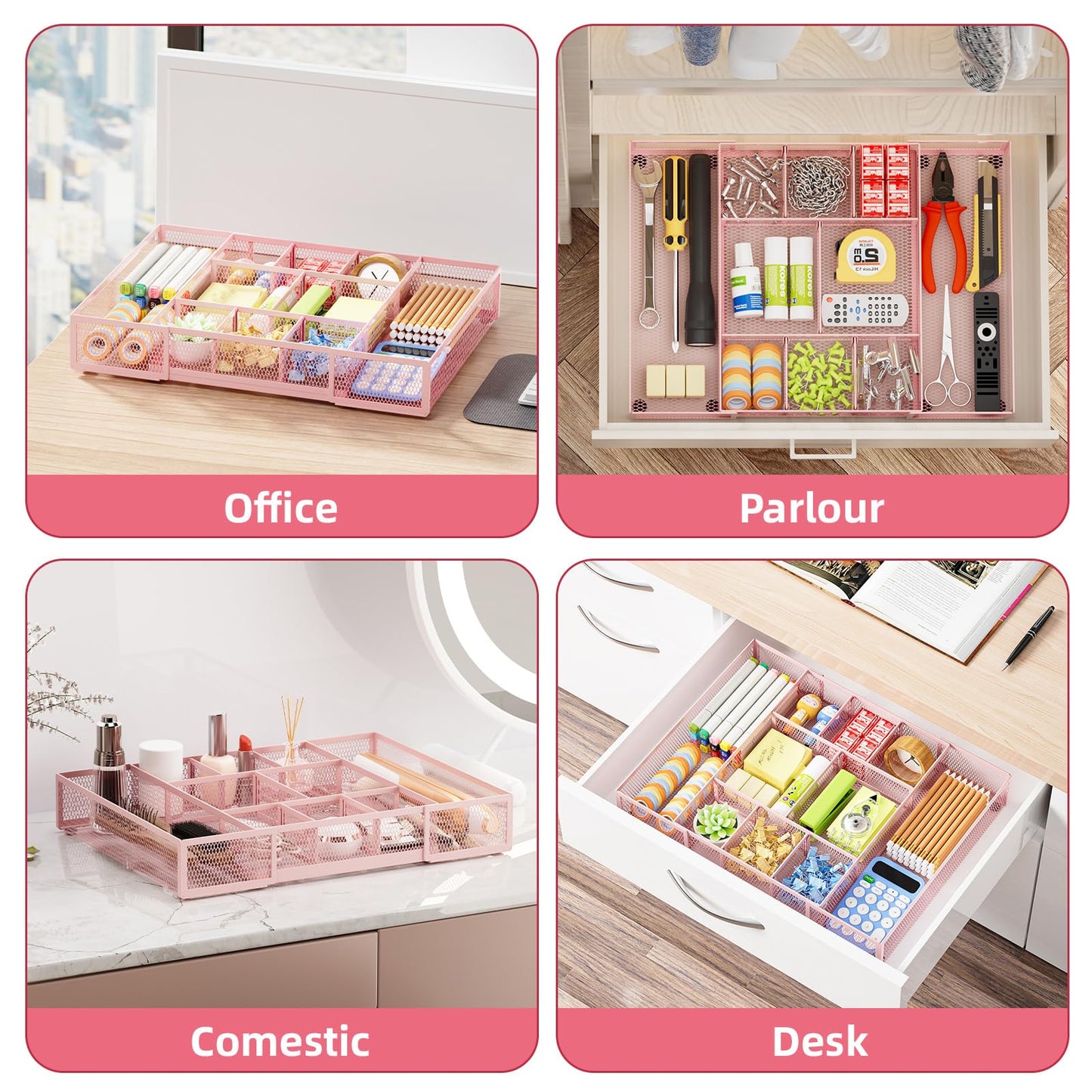 Marbrasse Expandable Desk Drawer Organizer, Mesh Tray with 10 Adjustable Compartments, Desk