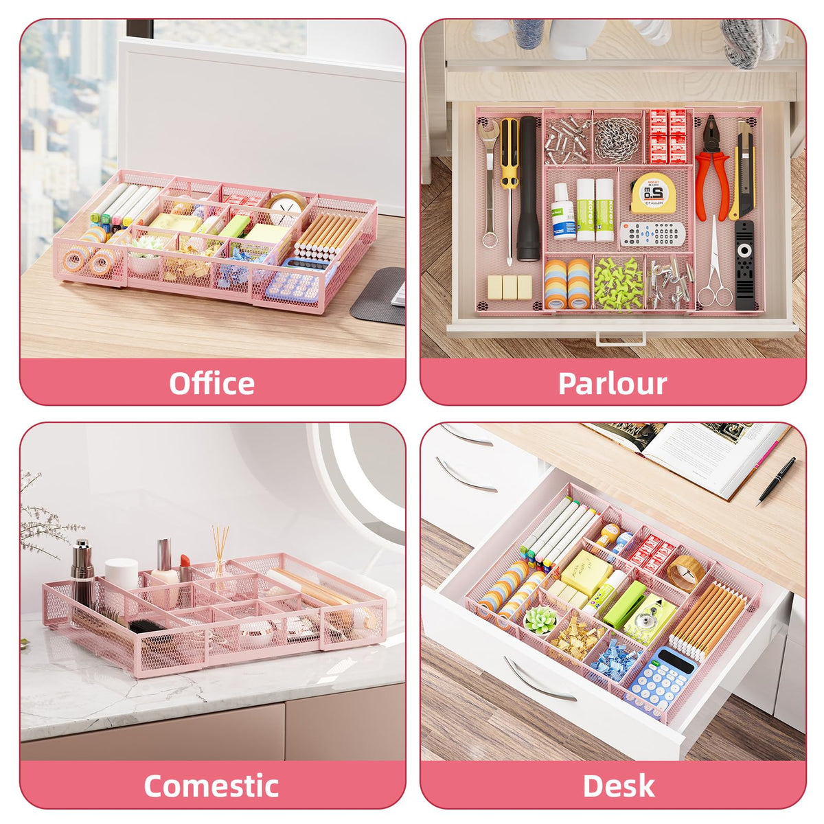Marbrasse Expandable Desk Drawer Organizer, Mesh Tray with 10 Adjustable Compartments, Desk