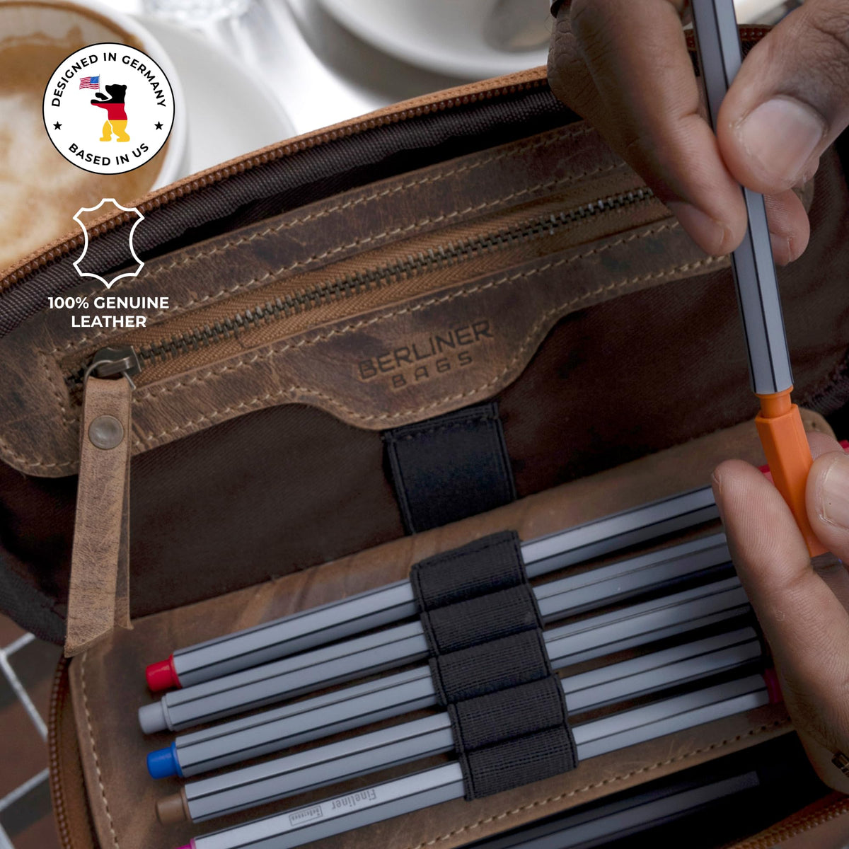 BERLINER BAGS Genuine Leather Pencil Case, Vintage Pen Pouch - Brown
