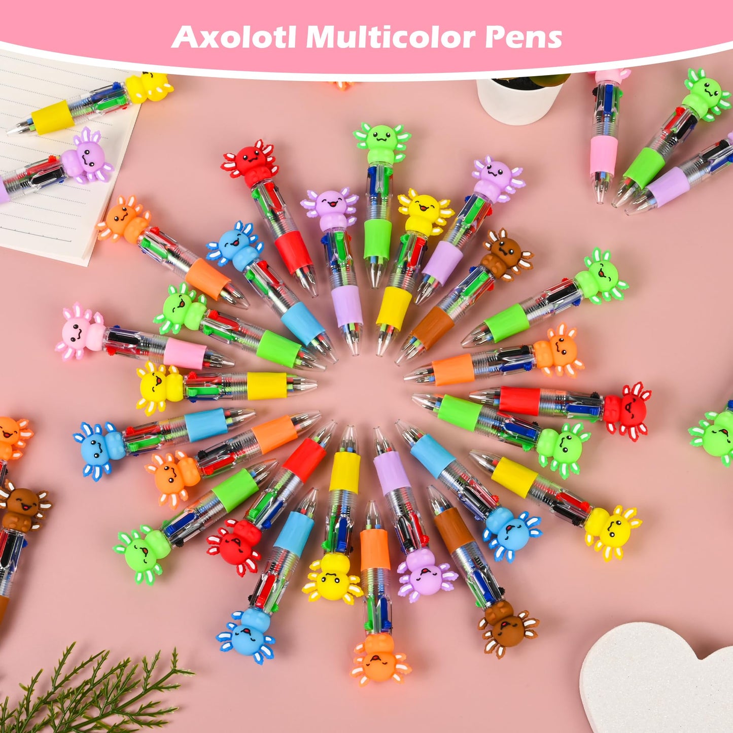 LiYiQ 50 Pcs Axolotl Party Favor Multicolor Pen in One Cartoon Cute Fun 4-in-1 Cute Pens Bulk