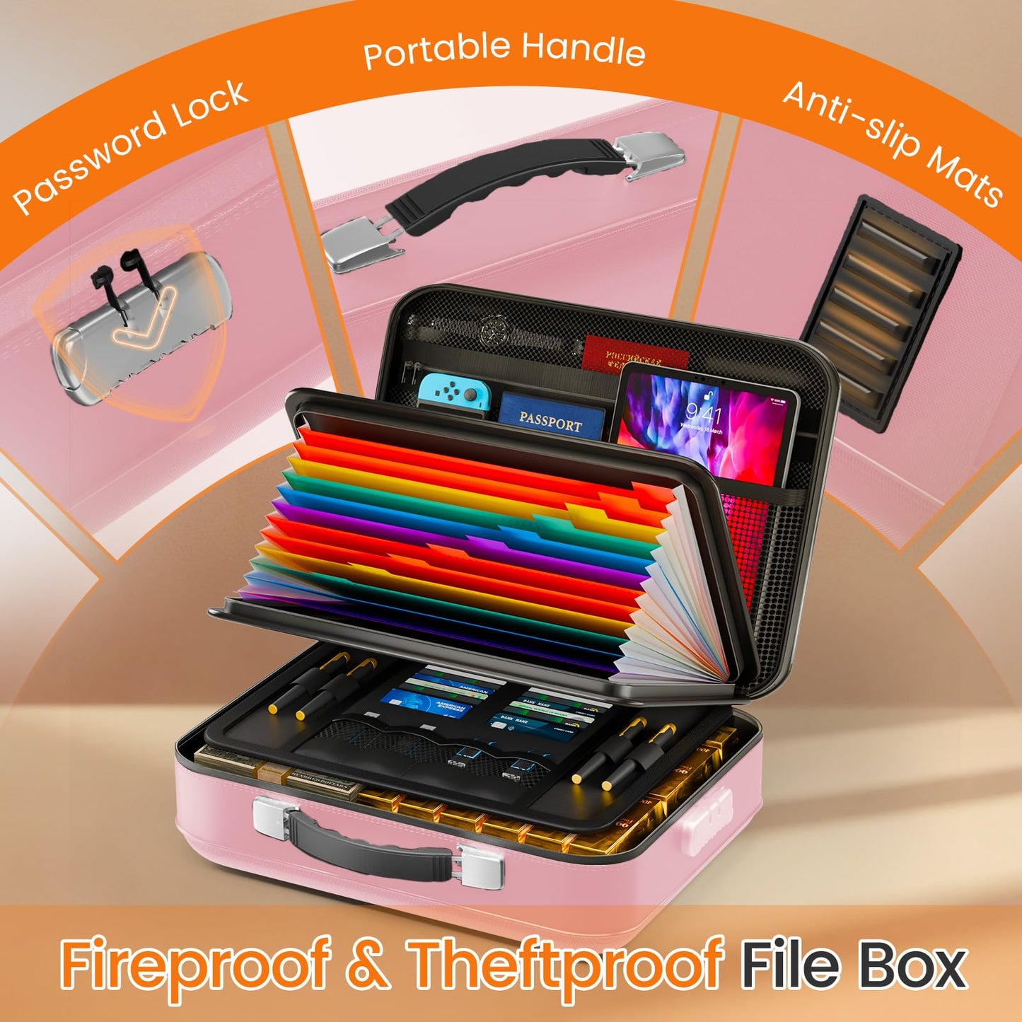 Fireproof Document Box with Lock, 5200°F Fireproof Water Resistant Hard Case File Organizer Safe