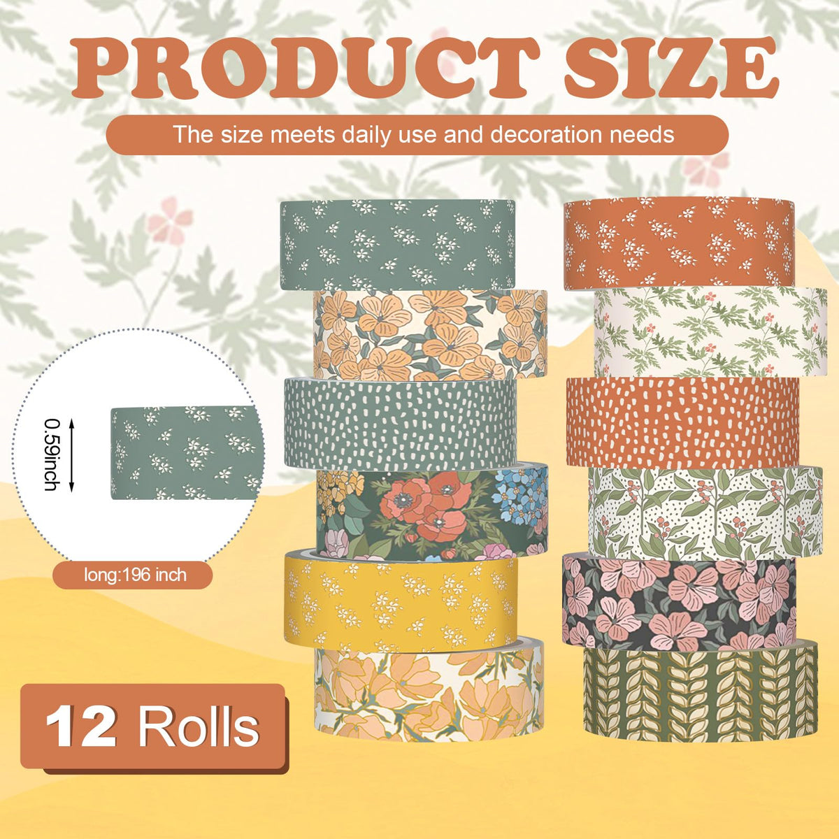 YooNotee 12 Rolls Floral Washi Tape Set,Warm Tones,Botanic