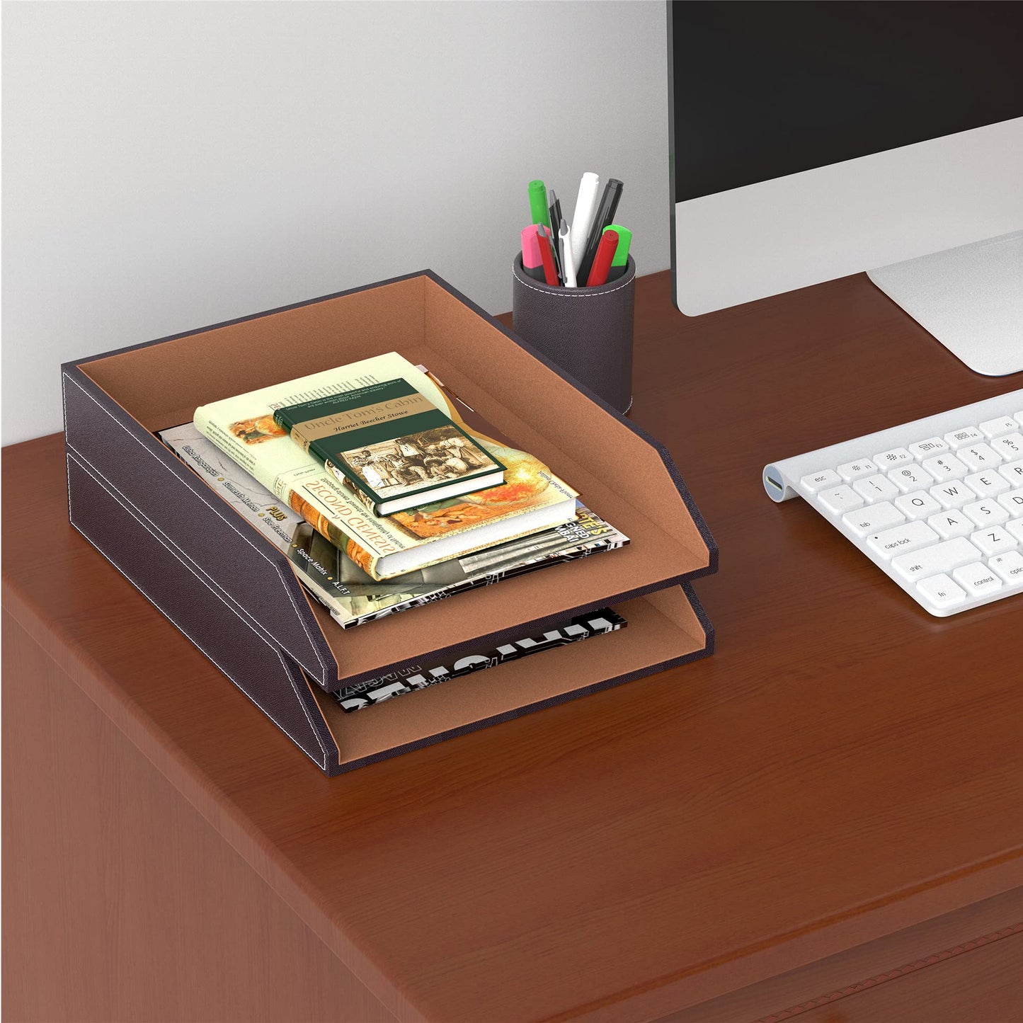 Leather Letter Tray, Thipoten Stackable Desk Organizer Holder for Office Supplies, Paper, File