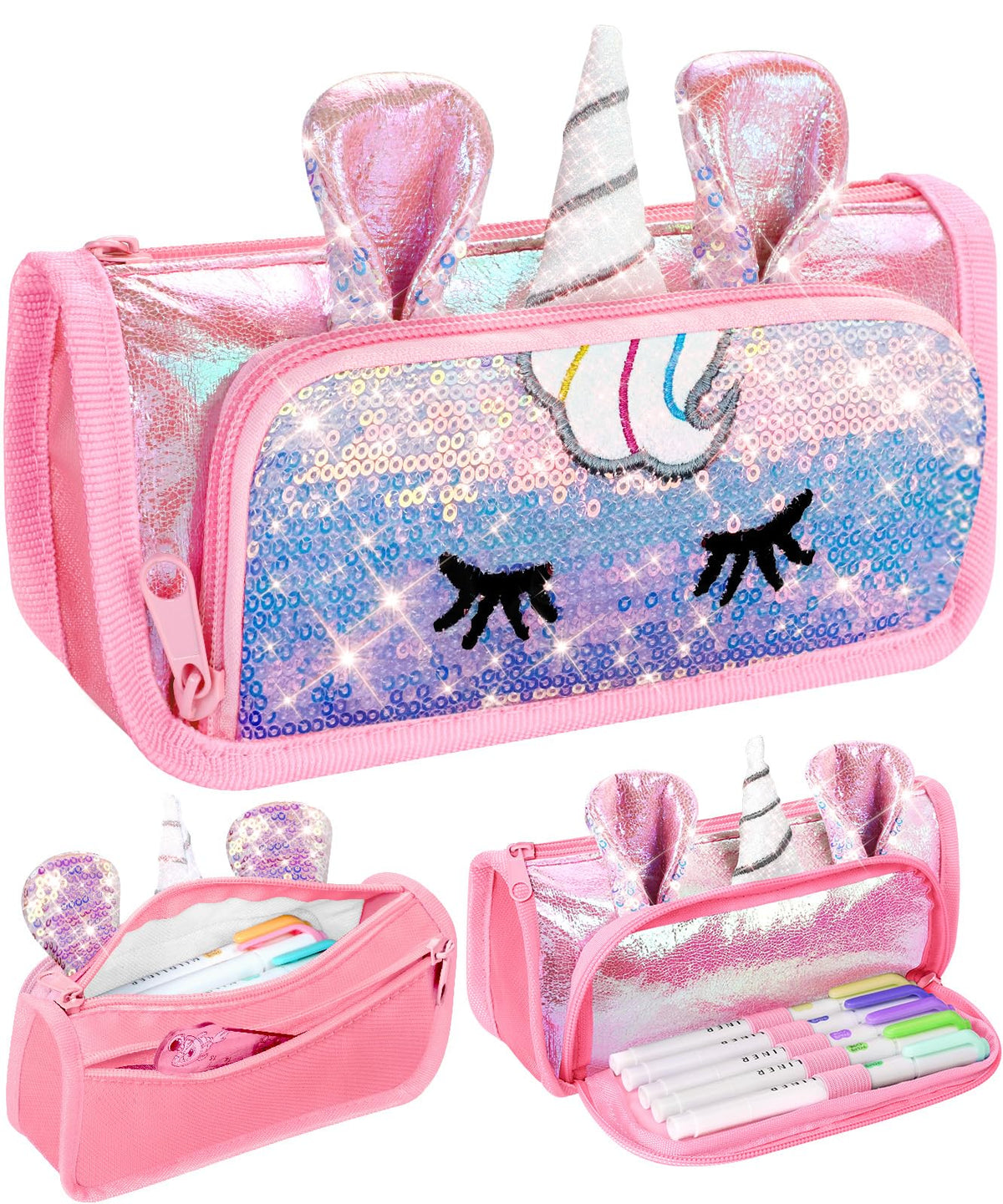 LISEVO Cute Pencil Case, 3D Pencil Pouch for Girls Kids, Sparkly Pencil Bag with Sequins for