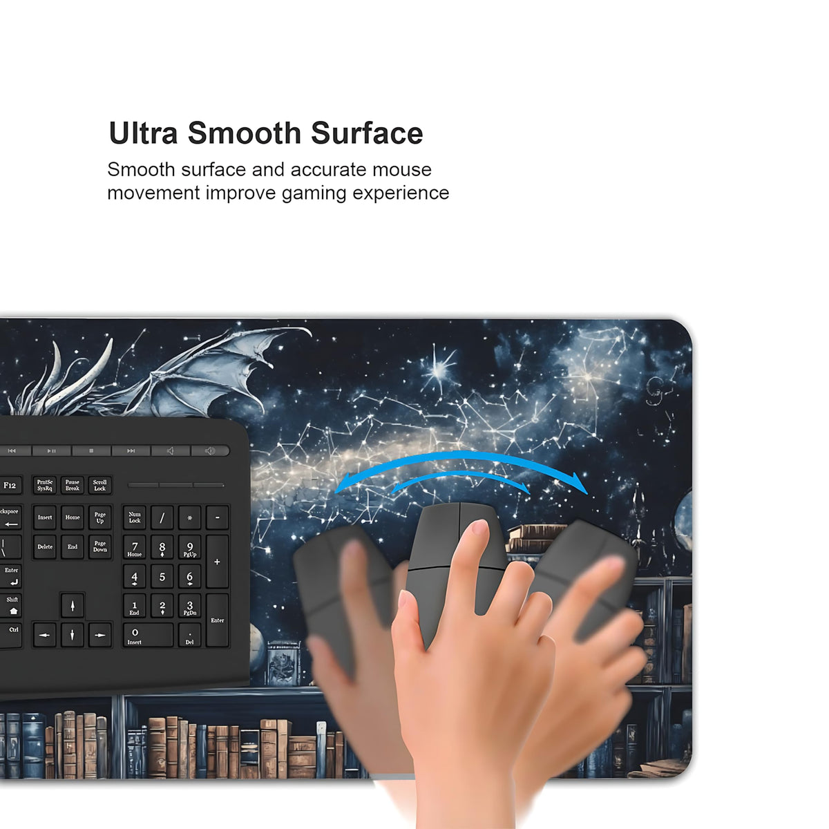 Aesthetic Dragon Gaming Mouse Pad, Black Blue Mystical Desk Mat with Anti-Slip Base & Stitched