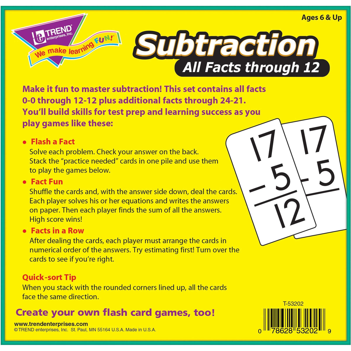 Trend Enterprises: Subtraction All Facts Through 12 Skill Drill Flash Cards, Great for Skill