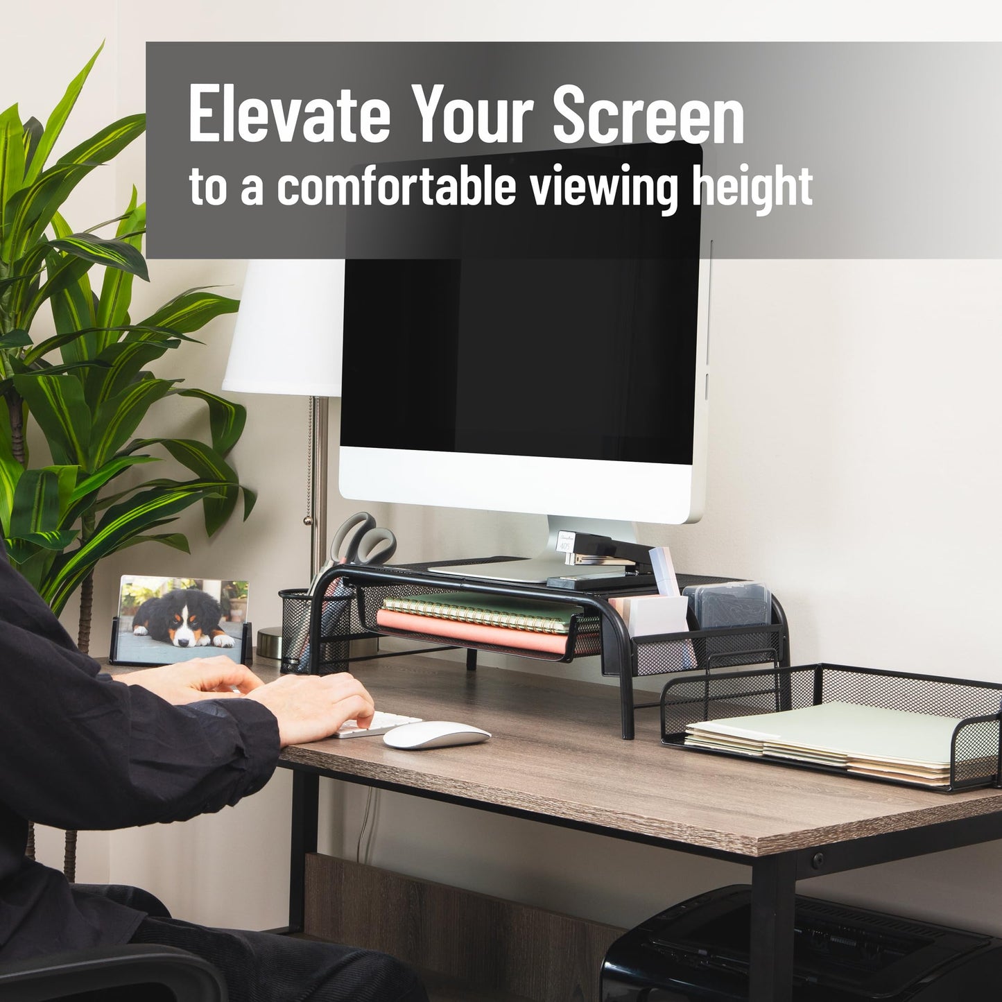 Mind Reader Monitor Stand, Ventilated Laptop Riser, Paper Tray, Storage, Office, Metal Mesh, 20"L x