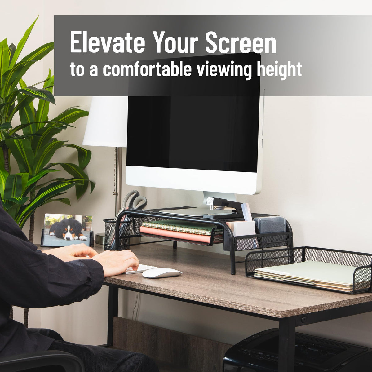 Mind Reader Monitor Stand, Ventilated Laptop Riser, Paper Tray, Storage, Office, Metal Mesh, 20"L x