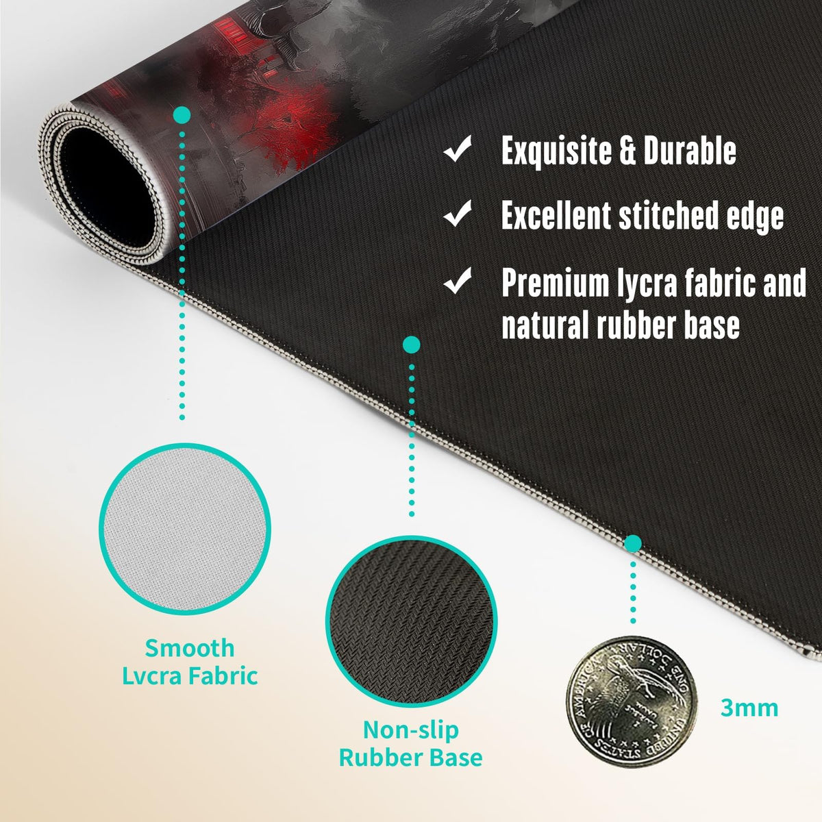 Extended Gaming Mouse Pad, Large Mouse Mat 3 mm Nature Rubber Base Mousepad with Stitched Edges