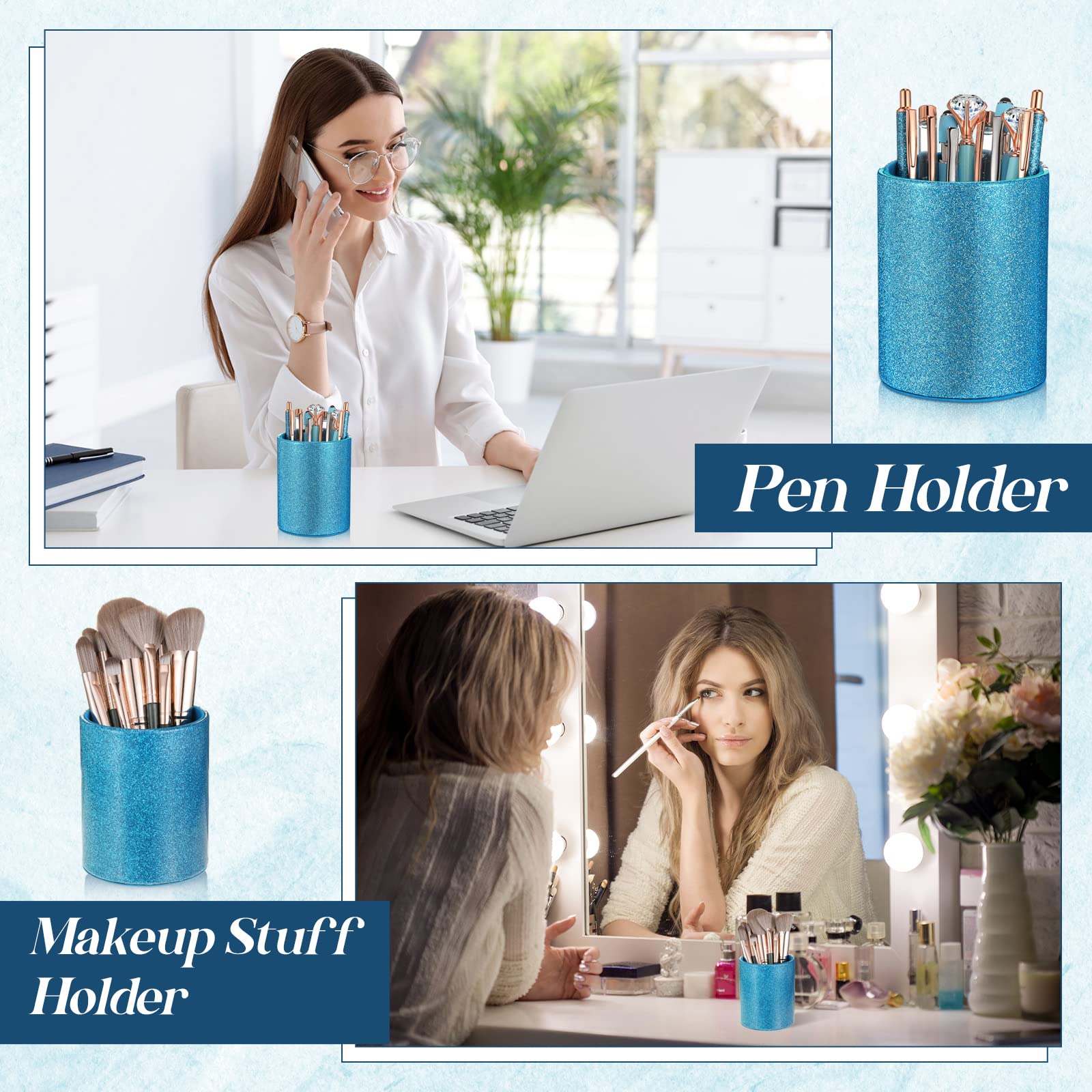 Sabary 8 Pcs Blue Diamond Pens with Glitter Desk Pen Holder for Women