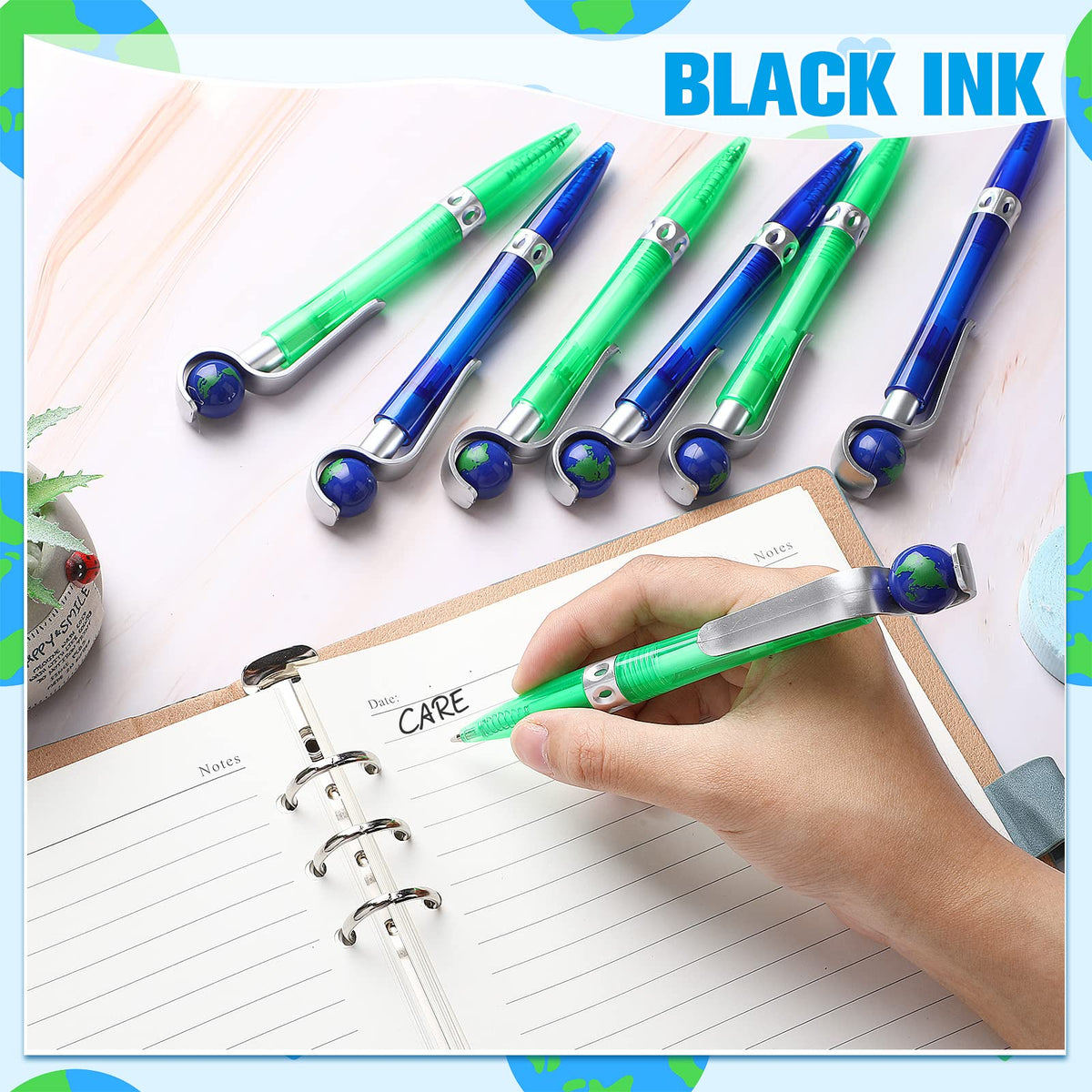 Teling 50 Pcs Earth Retractable Cute Globe Pens Bulk 1.0 mm Tellurion Shape Earth Day Black Ink