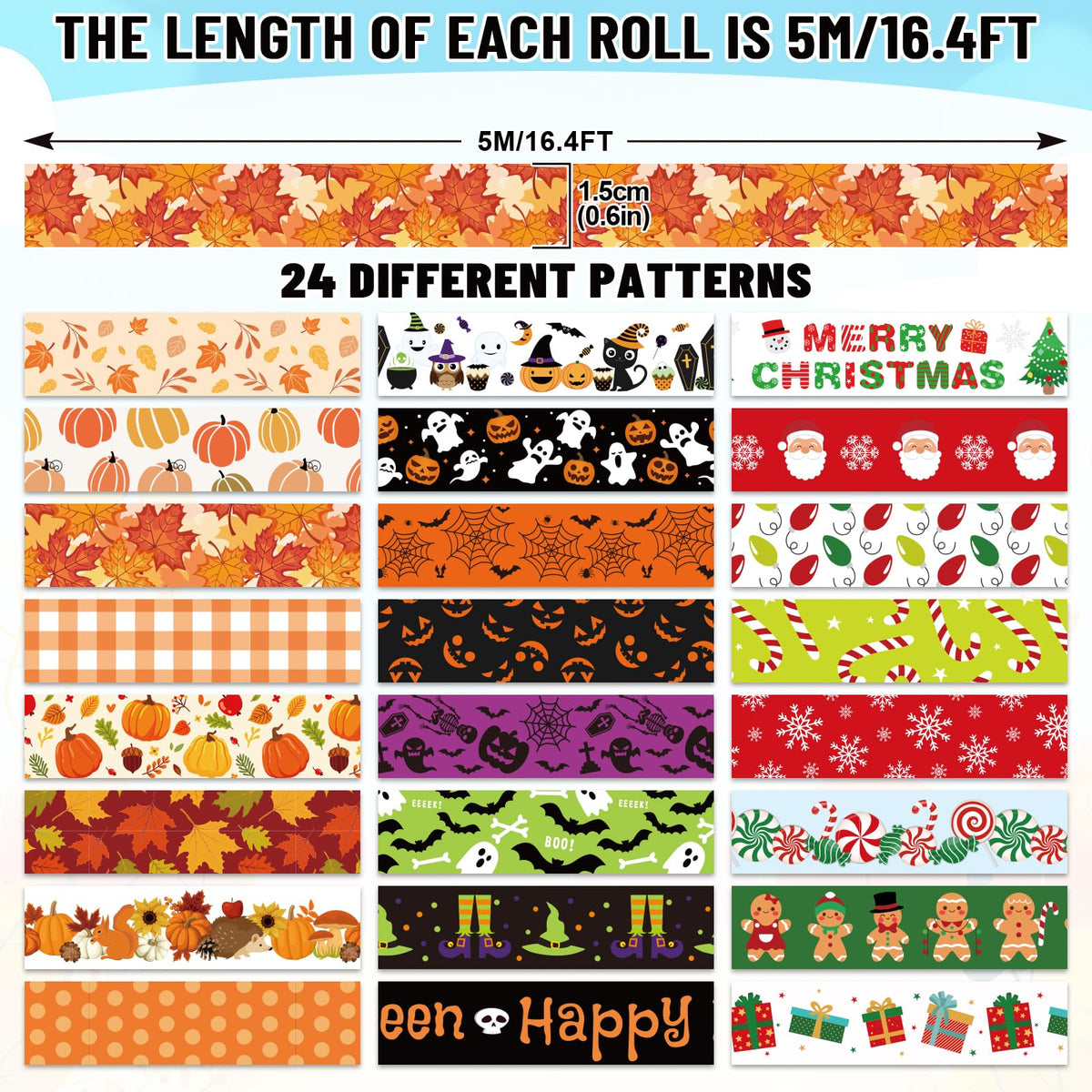 Whaline 24 Rolls Fall Halloween Christmas Washi Tape Masking Tape Set Holiday Wrapping Paper Tapes