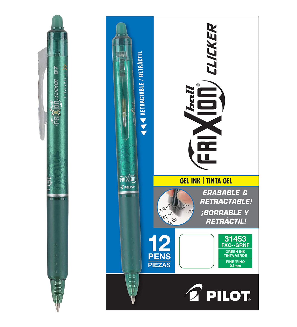 PILOT FriXion Clicker Erasable Gel Ink Pens, Fine Point 0.7mm, Green, 12Pk
