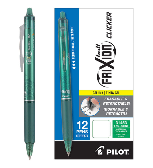 PILOT FriXion Clicker Erasable Gel Ink Pens, Fine Point 0.7mm, Green, 12Pk
