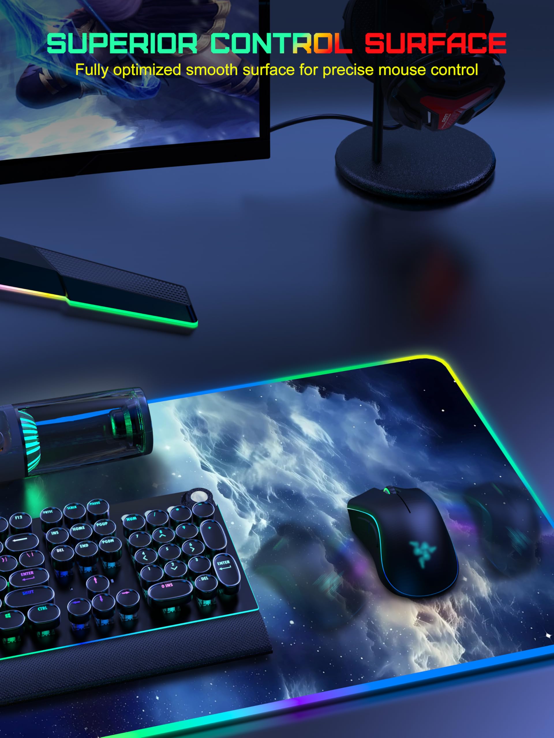 5-in-1 RGB Mouse Pad with Wireless Charging, Gaming Desk Mat, Blue Nebula