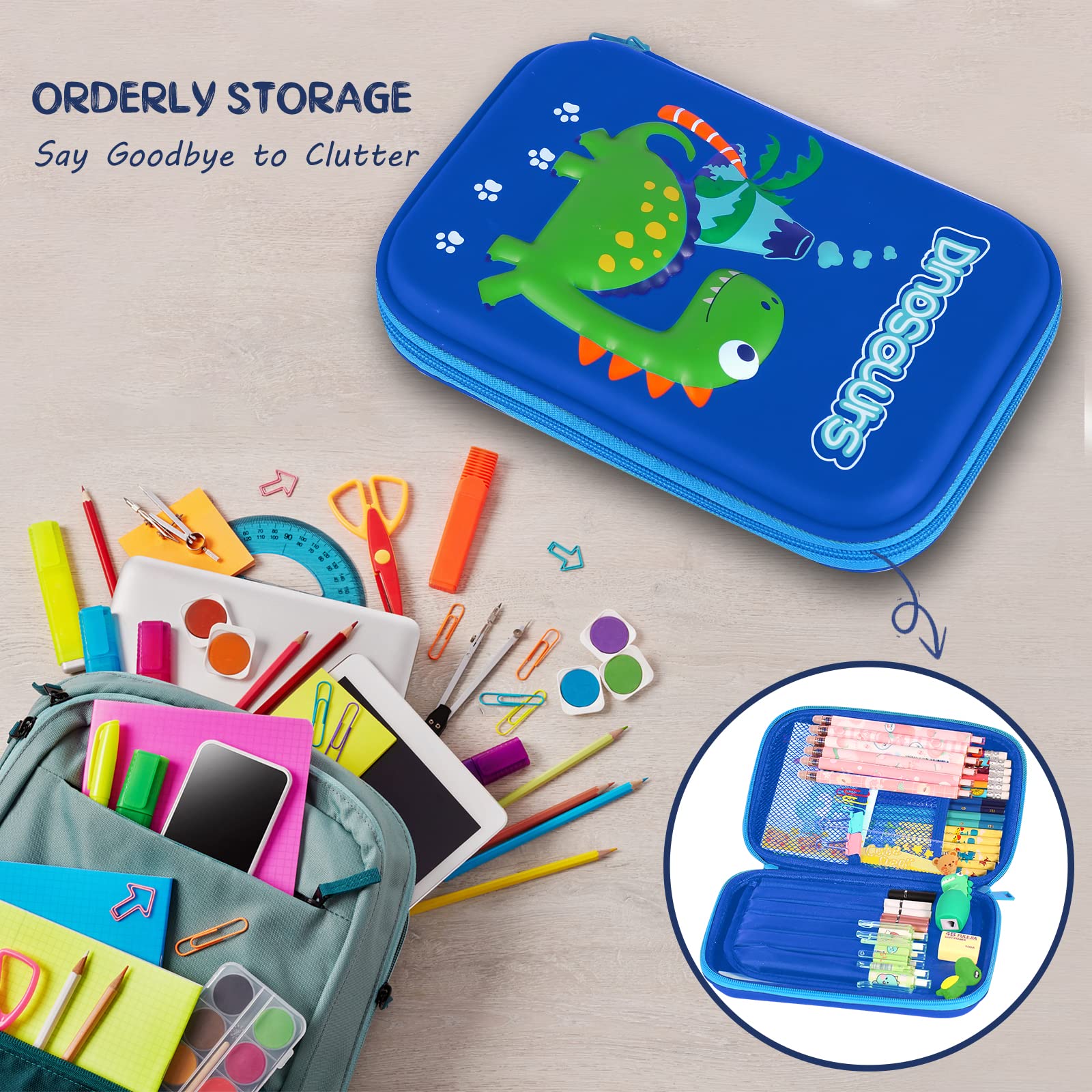 homicozy Pencil Case for Boys,Cute Dinosaur Stationery Set for Kids,3D EVA School Pencil Box
