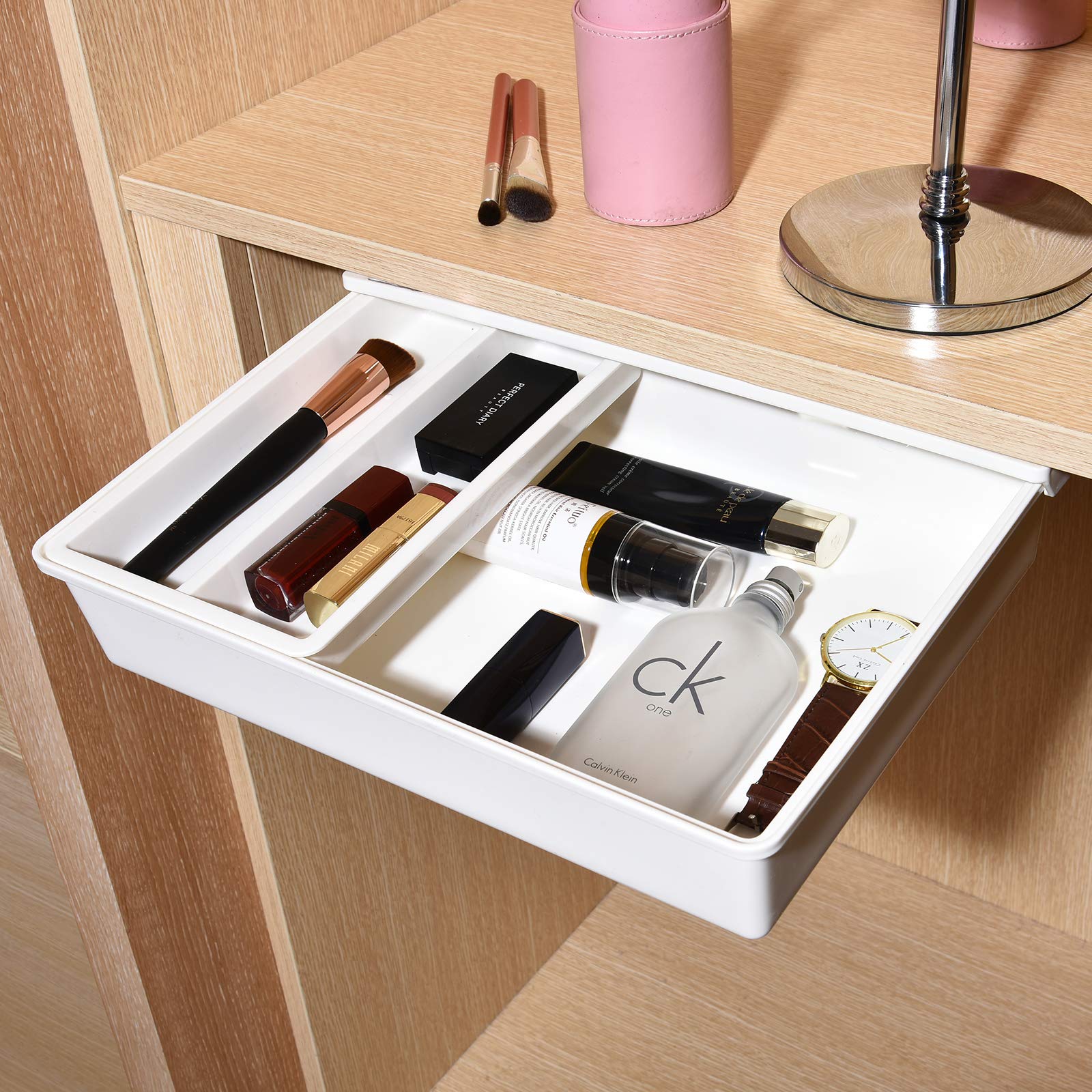 GGIANTGO Under Desk Drawer Organizer, Self-Adhesive Storage, Office & Home Stationery (Large-White)