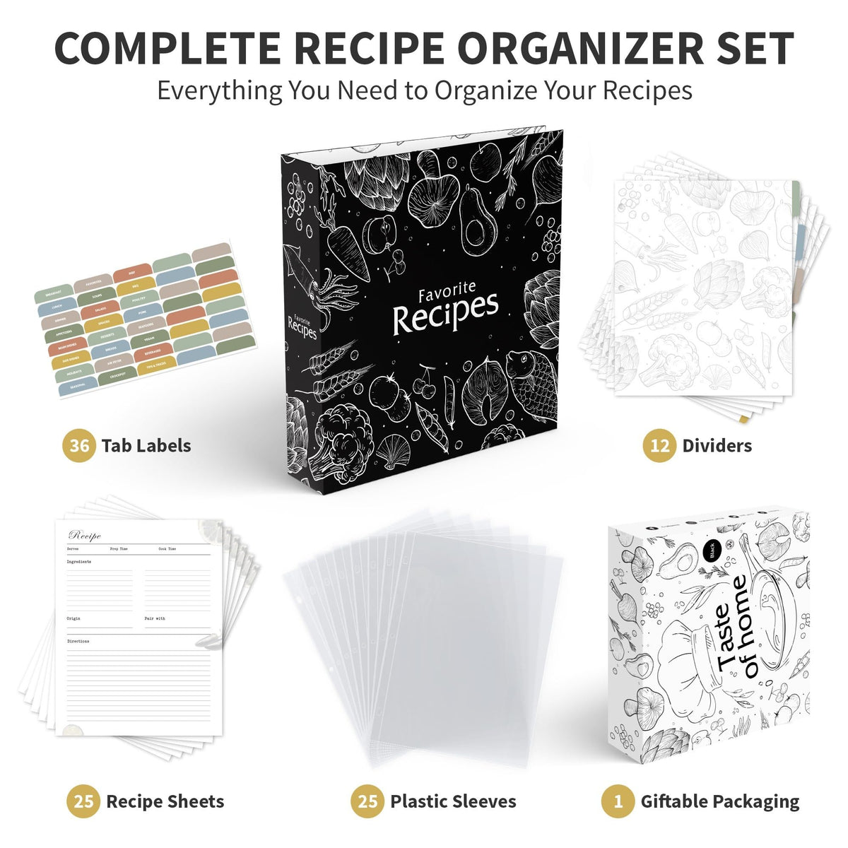 CraftSaints Recipe Binder 8.5x11, 3 Ring DIY Cookbook Binder Kit 12 Dividers & 25 Plastic Sleeves &