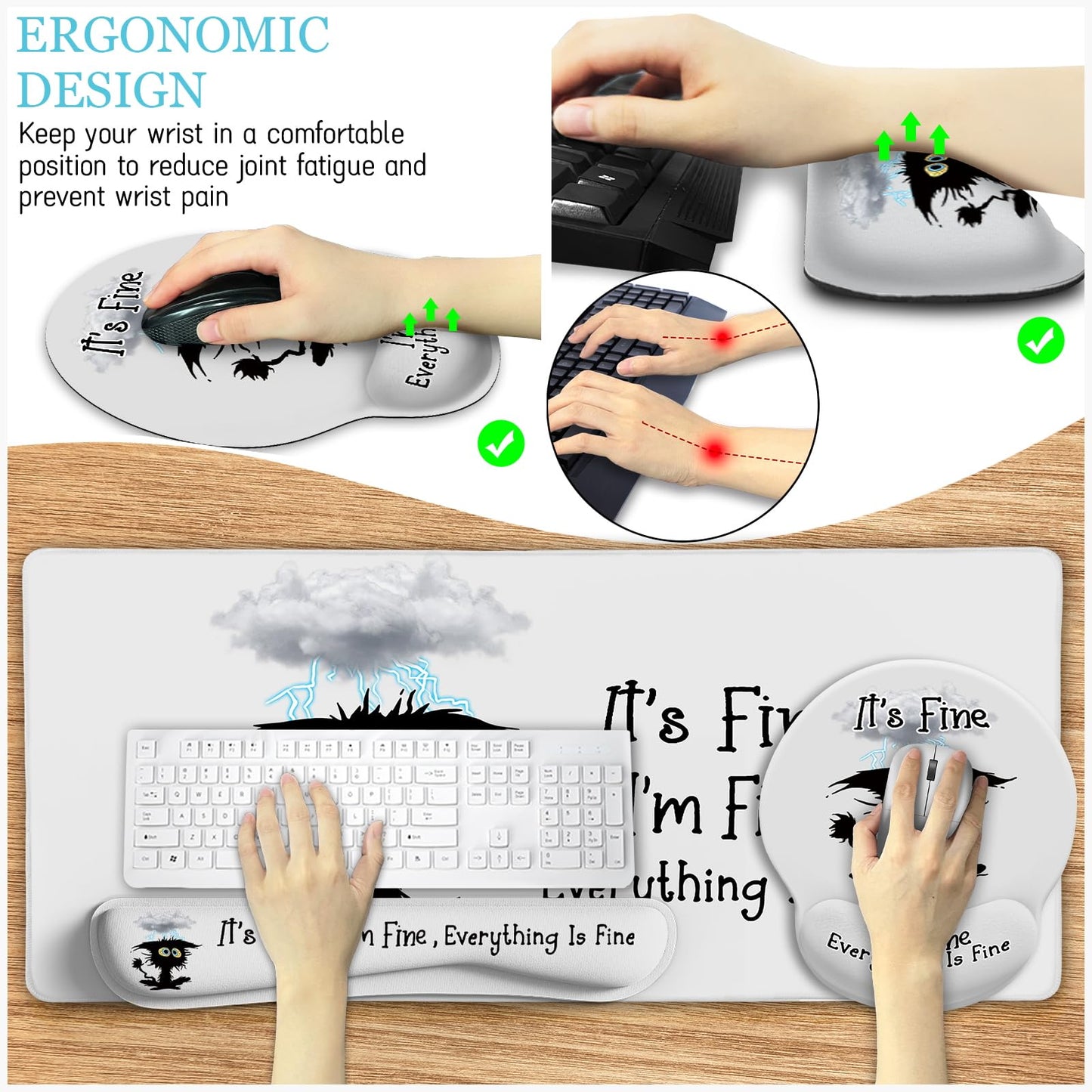 LIMKRIAN Large Gaming Mouse Pad Desk Mat Set, Funny Black Cat Desk Decor