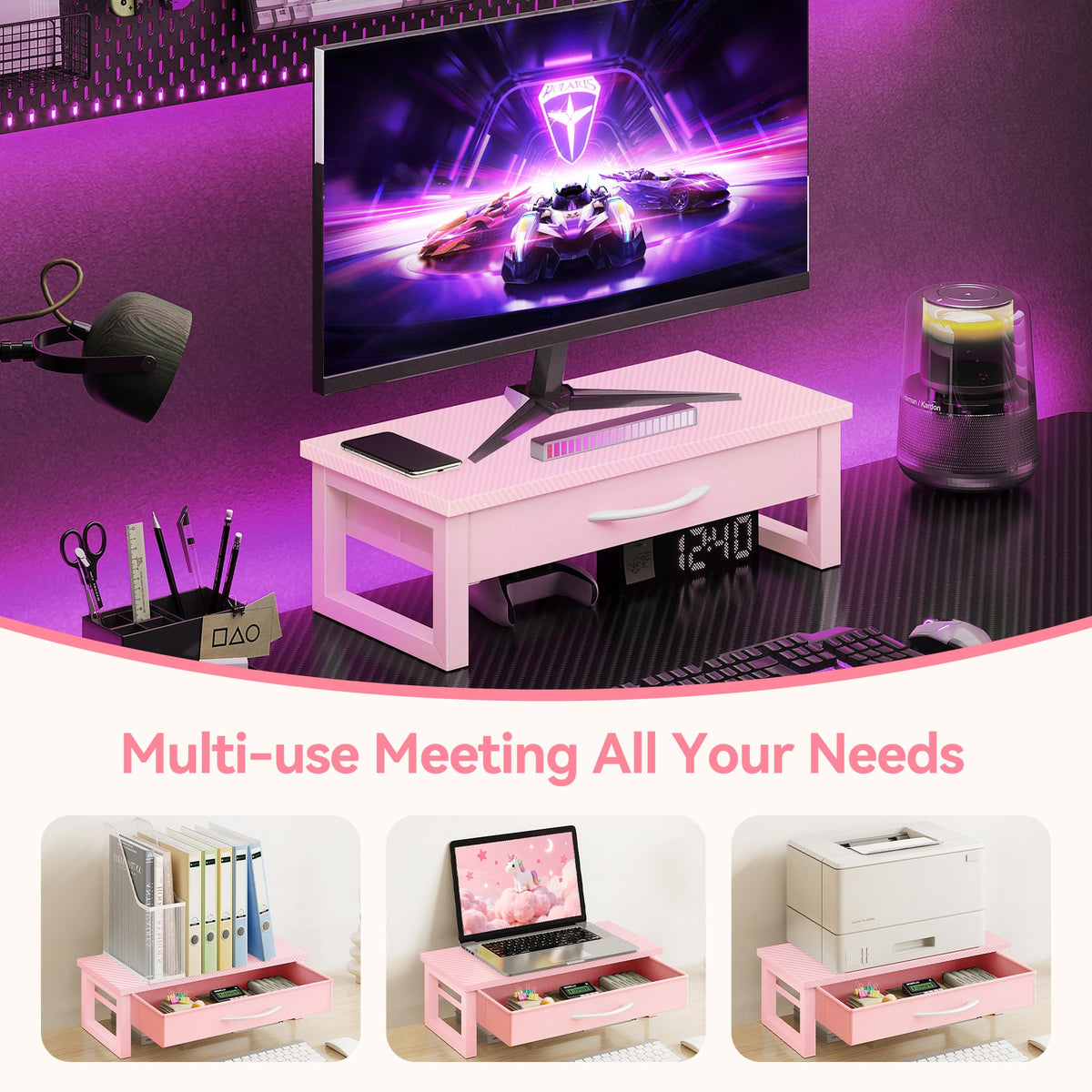 HEWORLIF Desk Organizers and Accessories, Computer Monitor Stand Riser with Fabric Drawer, 2-Tier