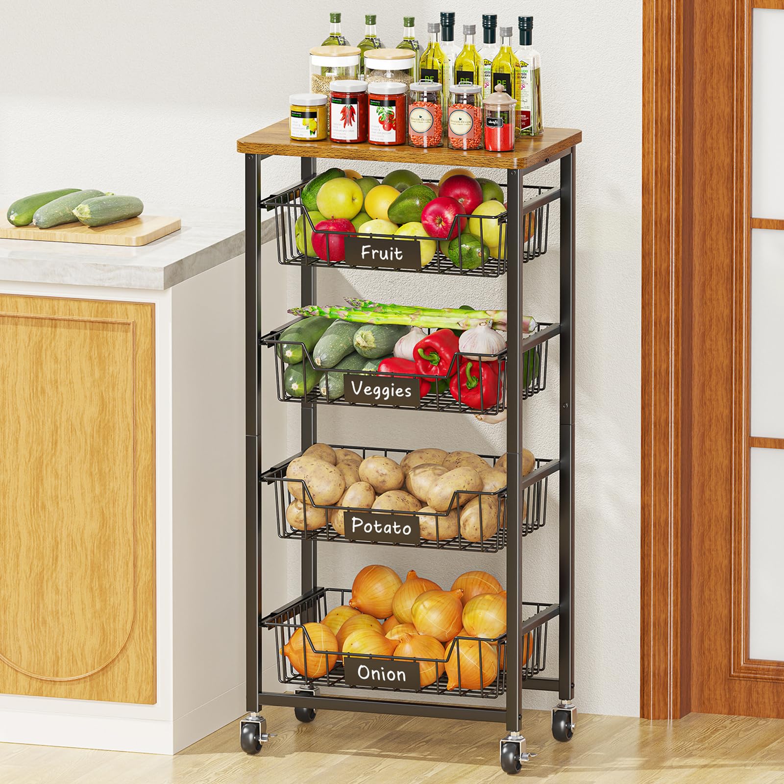 XYZLVSI Kitchen Storage Cart on Wheels, 5 Tier Fruit Vegetable Basket Rack