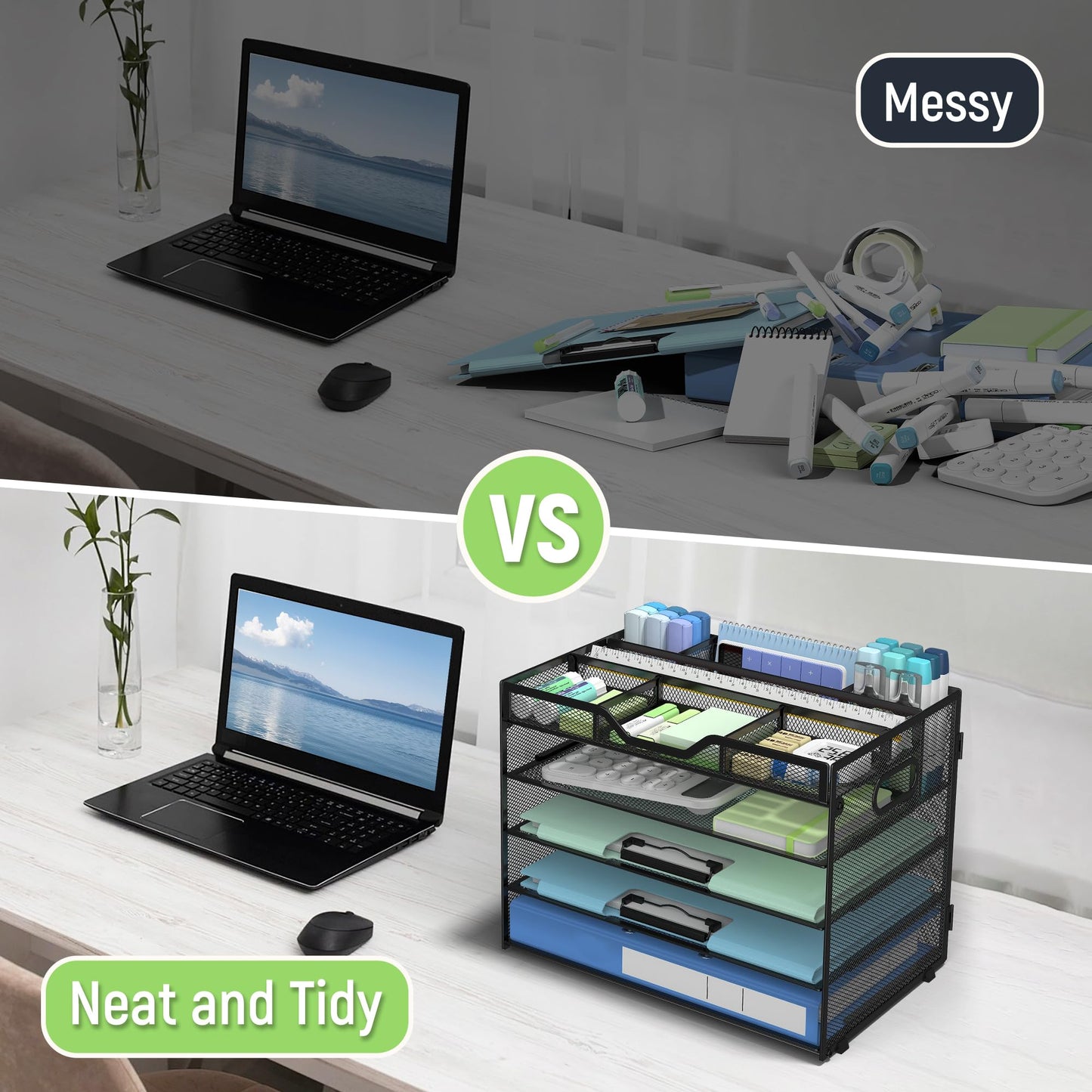 Docnest 5 Tier Mesh Desk Organizer with Removable Tray&Pen Holder, Black